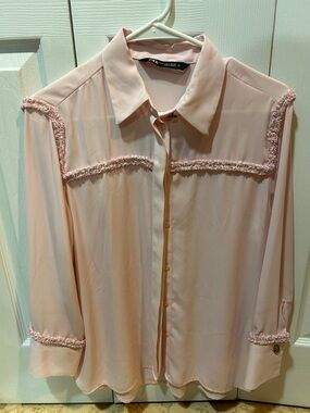 Zara Pale Blush Button-Down Shirt with Textured Trim